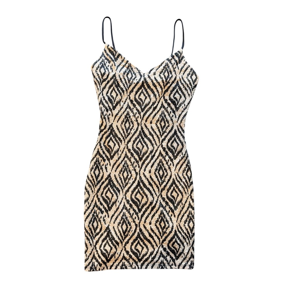 Olive Tree‎ Geometric Diamond Bodycon Mini Dress Beige Black Metallic Spaghetti